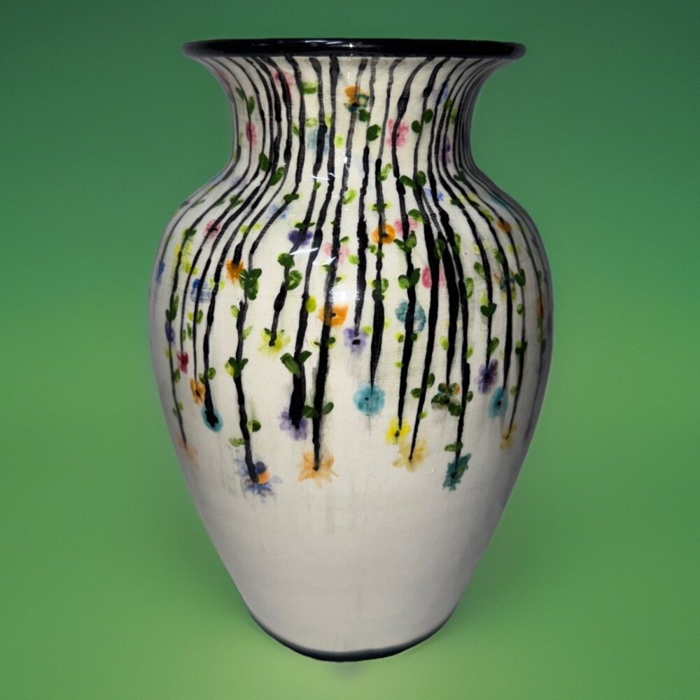 Whimsical Cottage Signed Ceramic Floral Vase Black Trim Colorful Vines  8.5”
